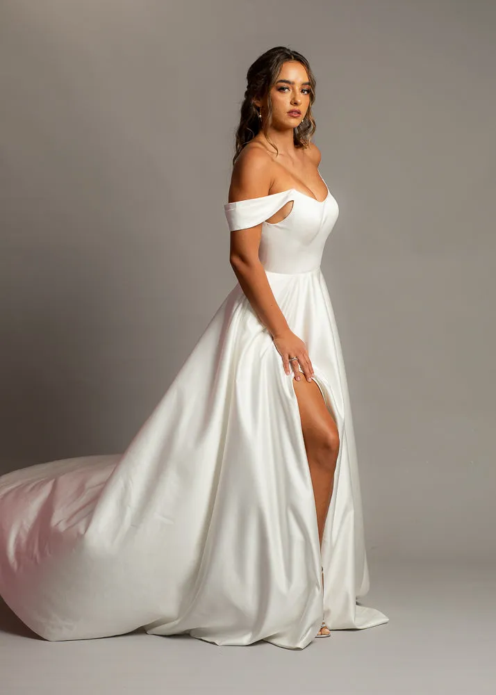 Crescent moon neckline off the shoulder wedding dress with slit and low back