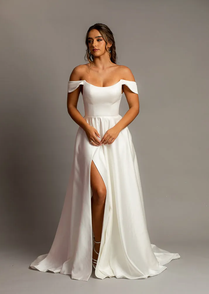 Crescent moon neckline off the shoulder wedding dress with slit and low back