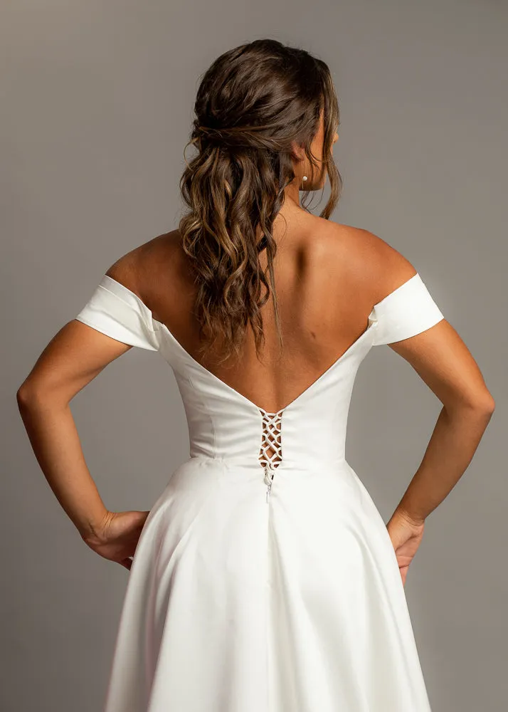 Crescent moon neckline off the shoulder wedding dress with slit and low back