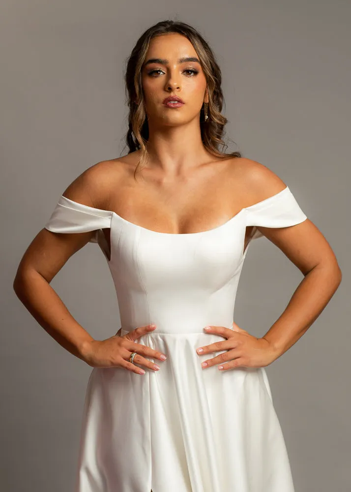 Crescent moon neckline off the shoulder wedding dress with slit and low back