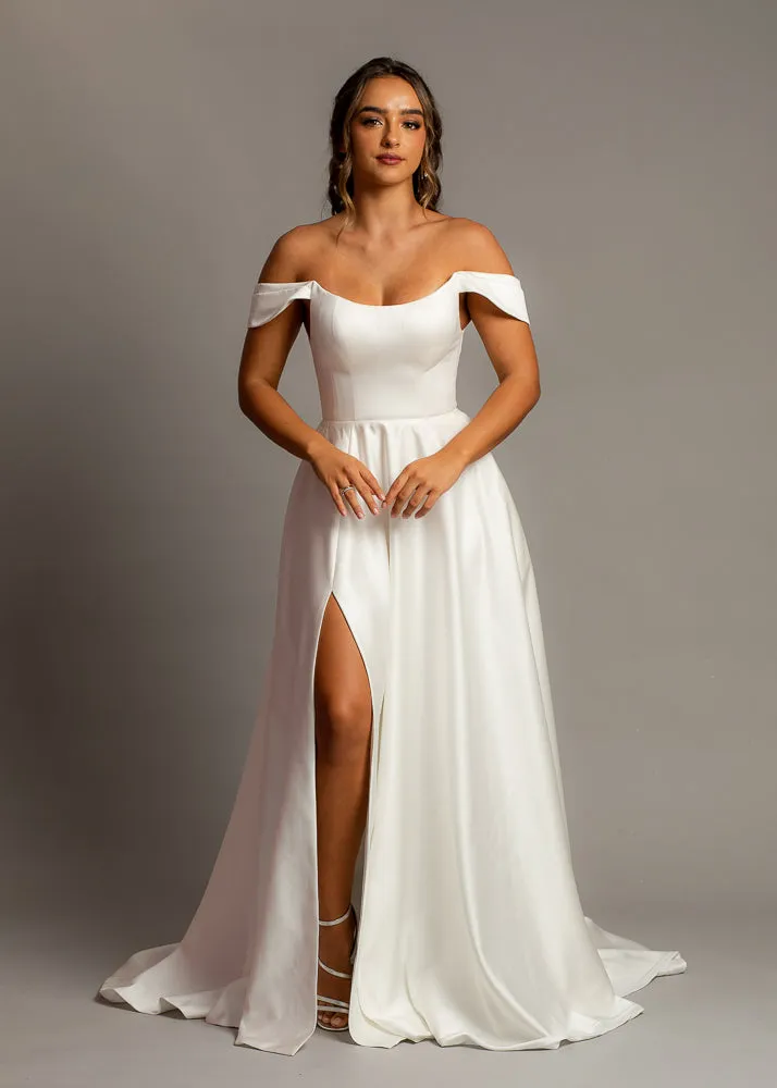 Crescent moon neckline off the shoulder wedding dress with slit and low back