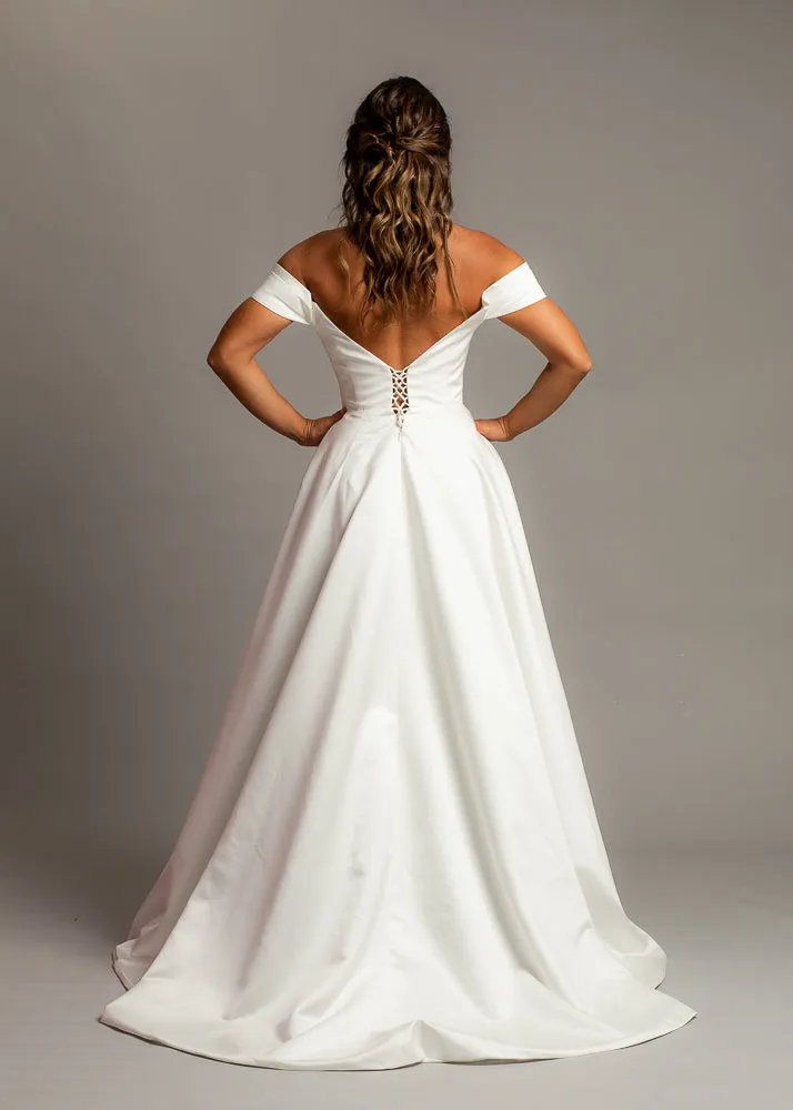 Crescent moon neckline off the shoulder wedding dress with slit and low back