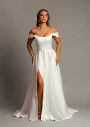Crescent moon neckline off the shoulder wedding dress with slit and low back