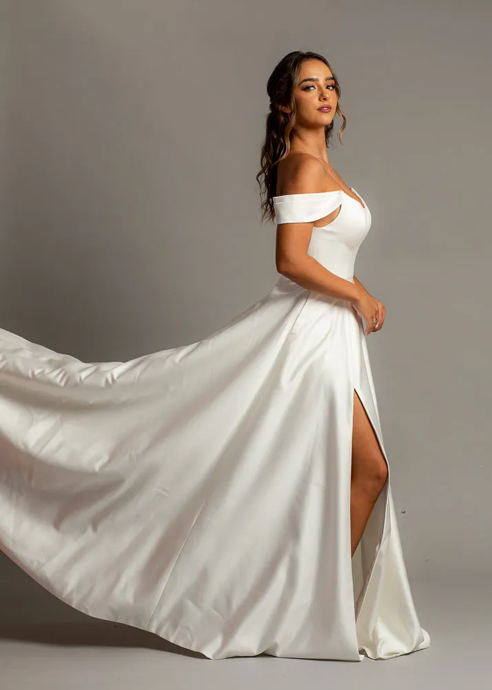 Crescent moon neckline off the shoulder wedding dress with slit and low back