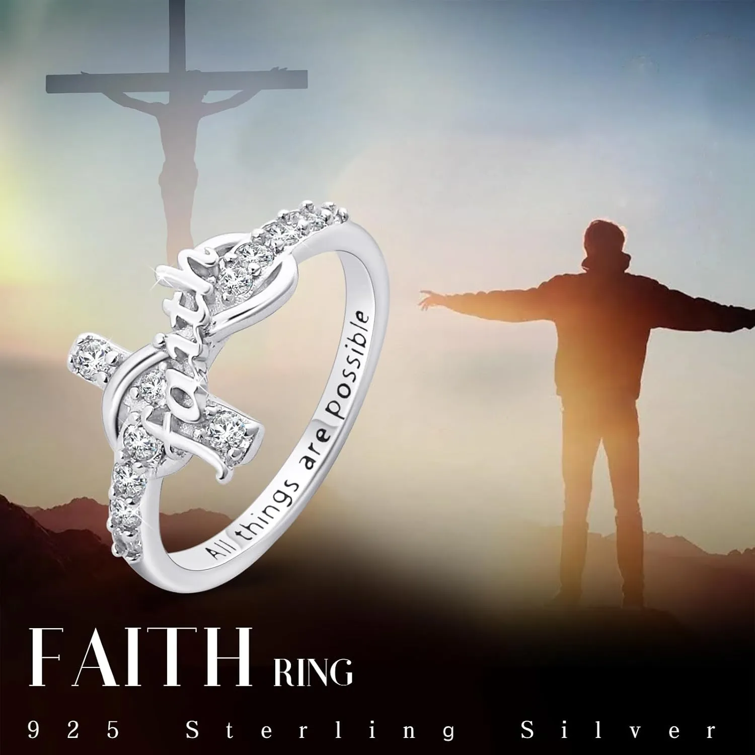 Cross Ring, S925 Sterling Silver Infinity Faith Ring Adjustable Infinity Faith Cross Wrap Ring Christian Fashion Band Ring for Women