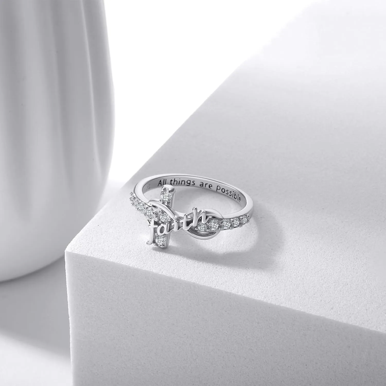Cross Ring, S925 Sterling Silver Infinity Faith Ring Adjustable Infinity Faith Cross Wrap Ring Christian Fashion Band Ring for Women