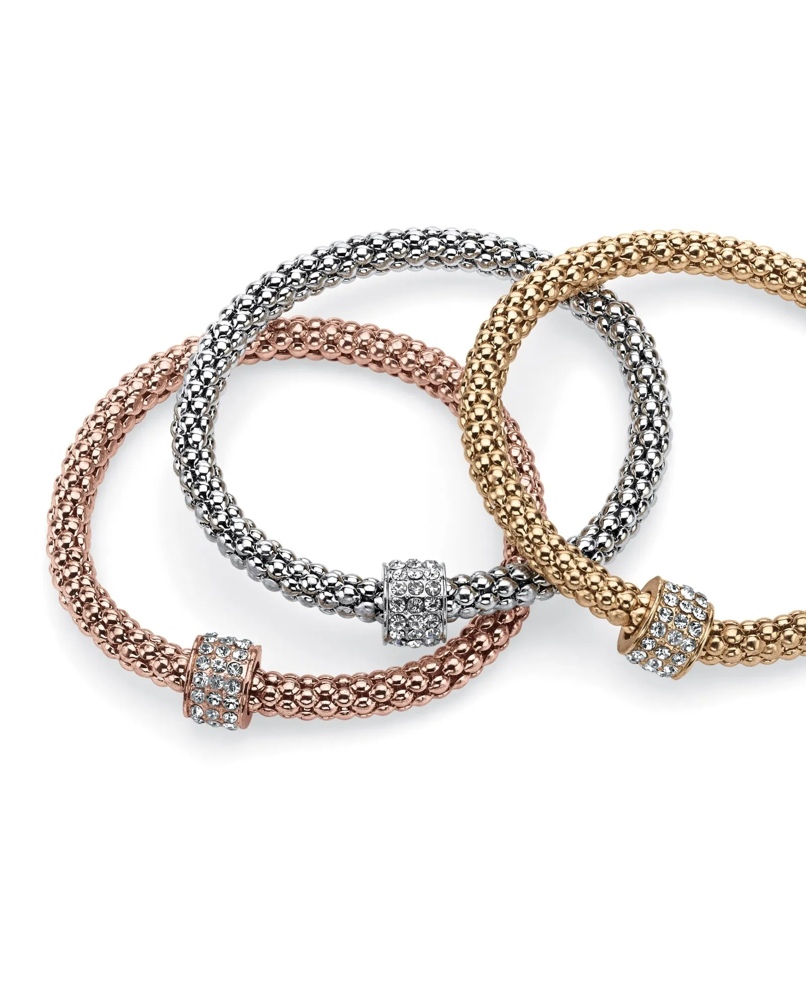 Crystal Wheel Beaded Tri-Tone Stretch Rope Bracelet Set 8" | White