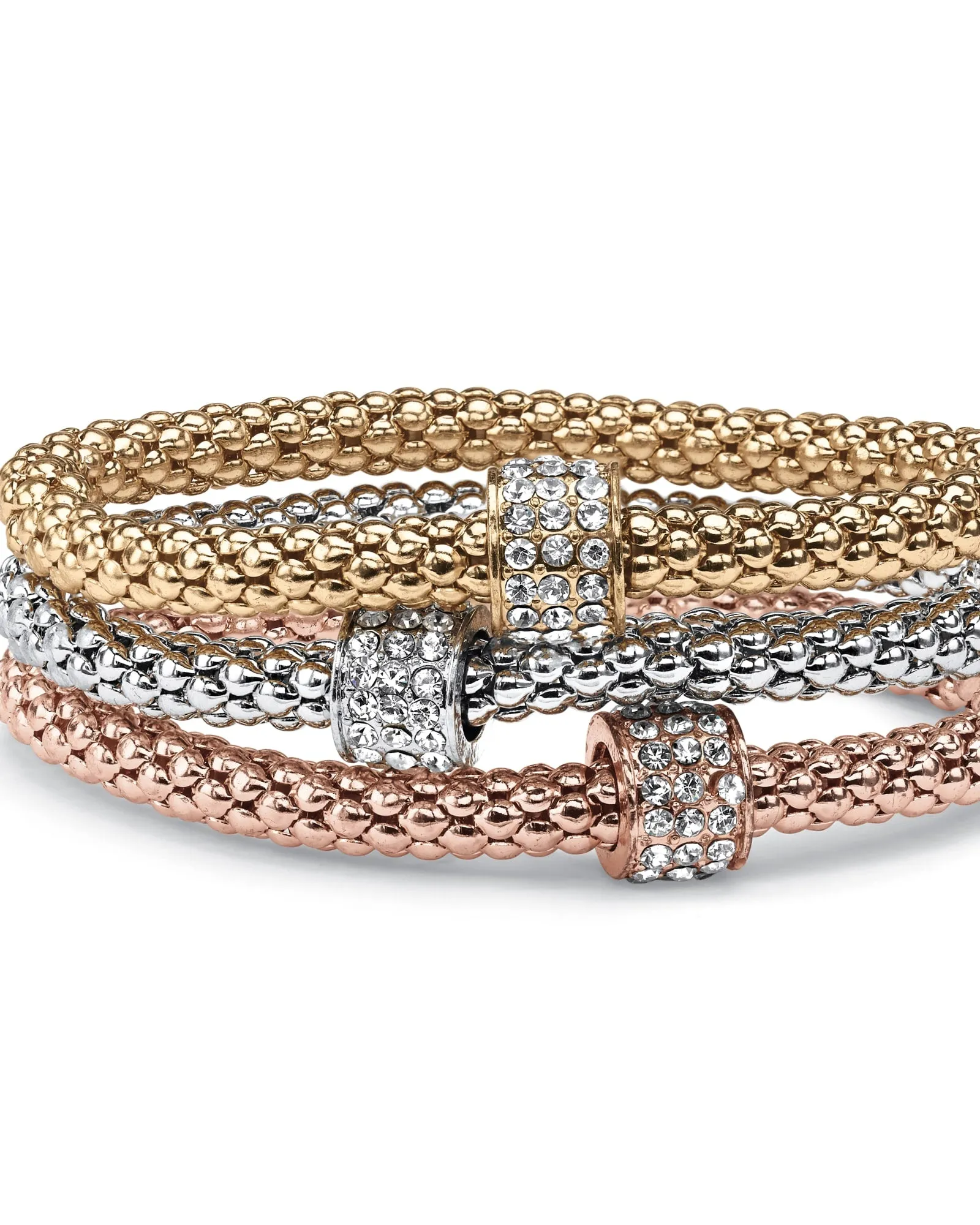 Crystal Wheel Beaded Tri-Tone Stretch Rope Bracelet Set 8" | White