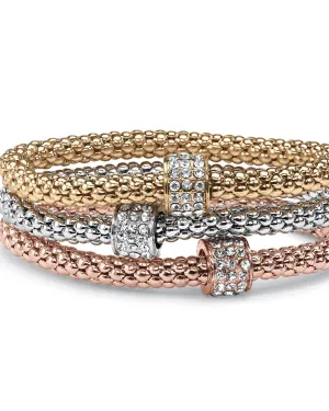 Crystal Wheel Beaded Tri-Tone Stretch Rope Bracelet Set 8" | White