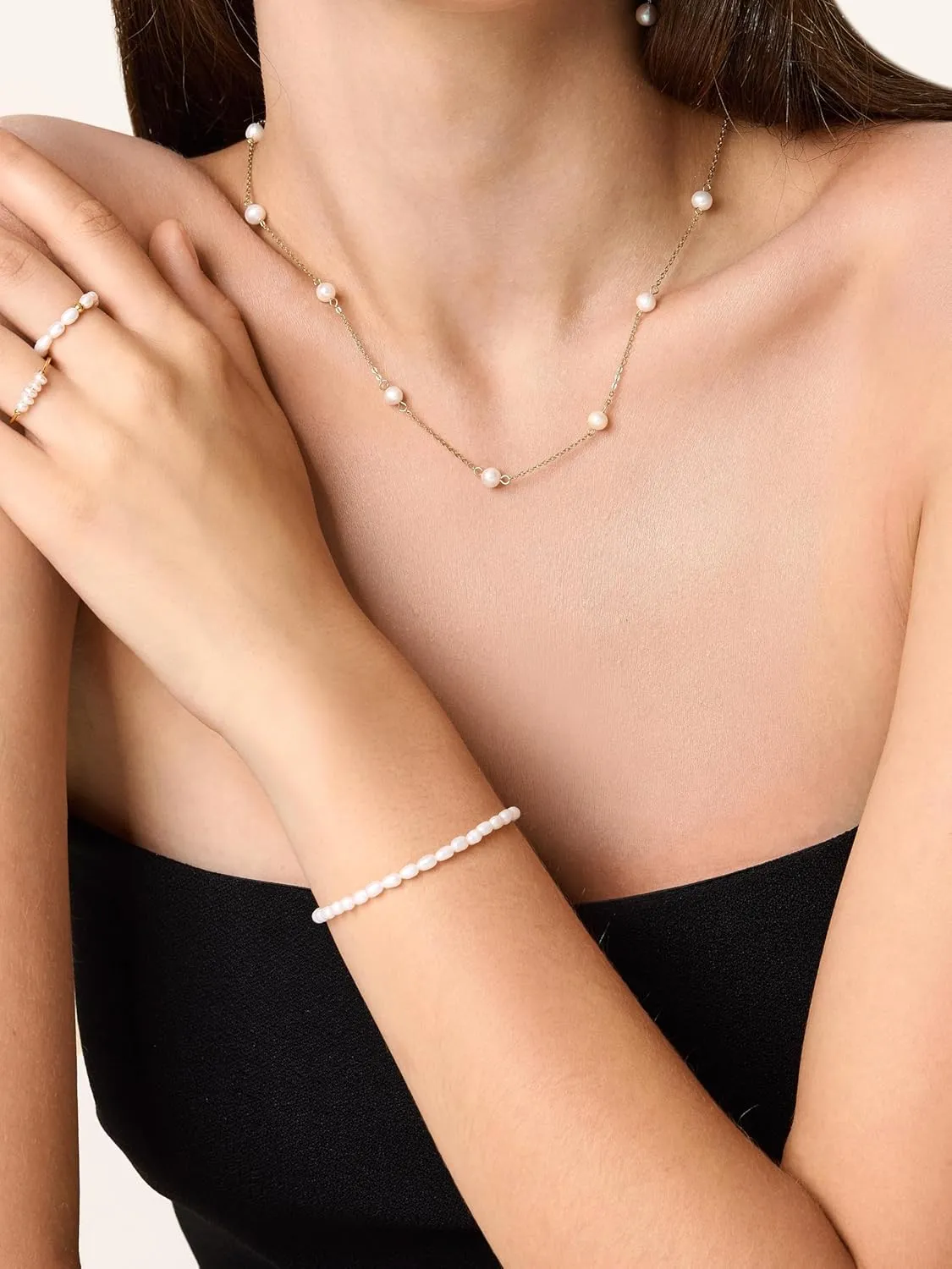 Dainty Pearl Beaded Bracelet for Women, 18K Gold PVD-Coated Pearl Bracelet Adjustable Beaded Bracelet White Everyday Pearl Jewelry Gifts for Women, 3-4mm x 5-6mm
