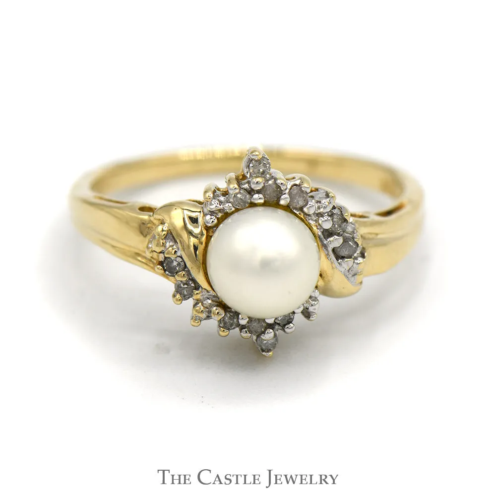 Dainty Pearl Ring with Crossover Diamond Accent in 10K Gold