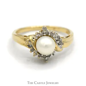 Dainty Pearl Ring with Crossover Diamond Accent in 10K Gold