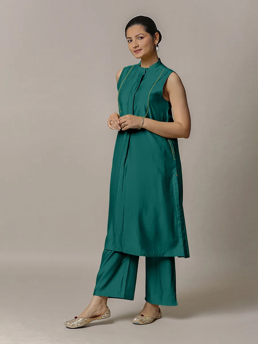 Eira x Rozaana | A Line Kurta w/ Mandarin Collar in Peacock Green | Coords or Only Kurta