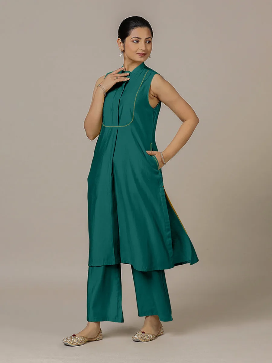 Eira x Rozaana | A Line Kurta w/ Mandarin Collar in Peacock Green | Coords or Only Kurta
