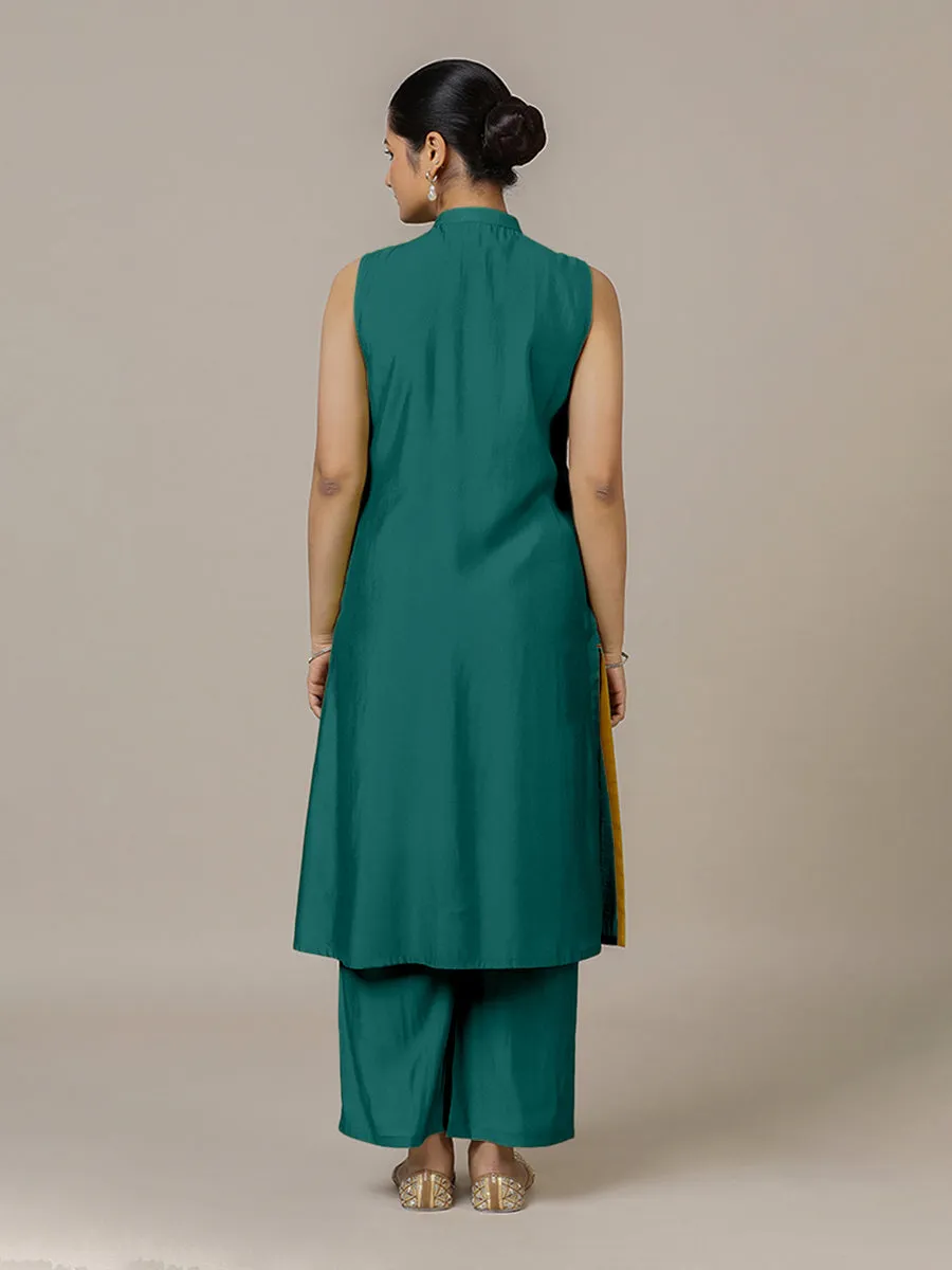 Eira x Rozaana | A Line Kurta w/ Mandarin Collar in Peacock Green | Coords or Only Kurta