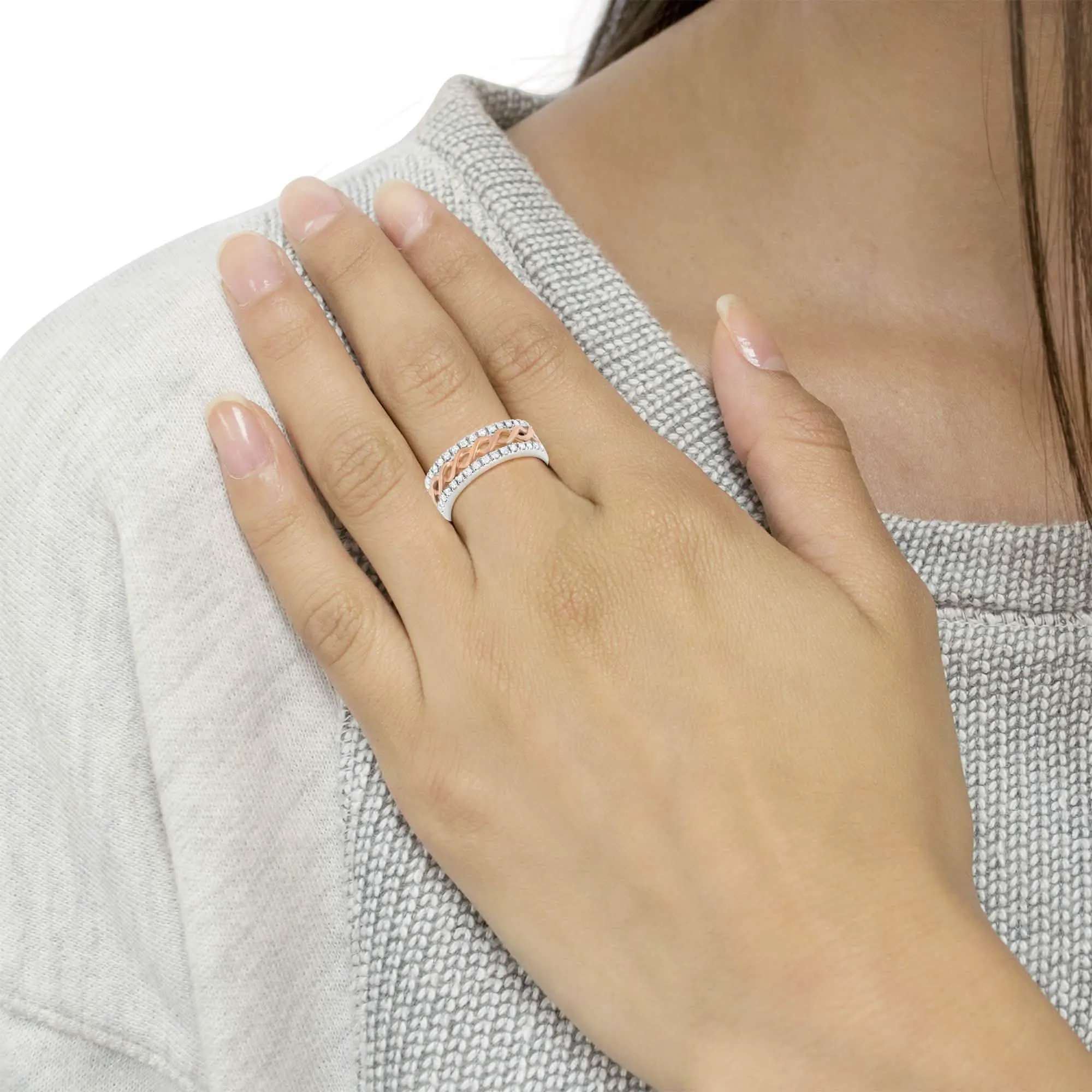 Elegant 10K White and Rose Gold Infinity Diamond Ring with Split Shank Design and 1/3 Carat Total Weight