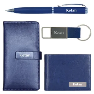 Elegant 4-in-1 Blue Wallet, Pen, Keychain & Mini Diary - Gifts for Men