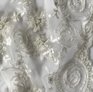 Elegant Silver & Off-White Scalloped Embroidered Mesh (Made in Korea)