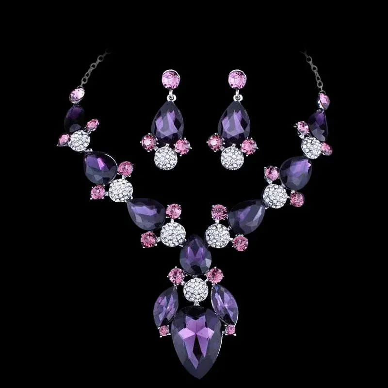 Exquisite Crystal Water Drop Wedding Party Jewelry Set Colorful Rhinestone Bridal Necklace Earrings Sets Accessories
