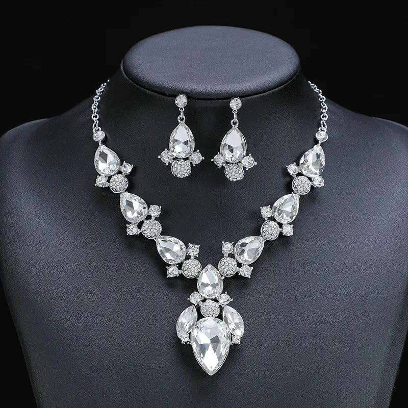 Exquisite Crystal Water Drop Wedding Party Jewelry Set Colorful Rhinestone Bridal Necklace Earrings Sets Accessories