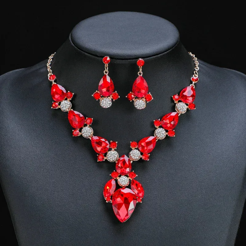 Exquisite Crystal Water Drop Wedding Party Jewelry Set Colorful Rhinestone Bridal Necklace Earrings Sets Accessories