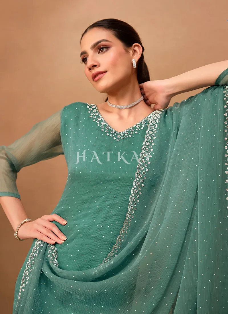 Firozi Blue Crystal Embroidered Pant Style Suit