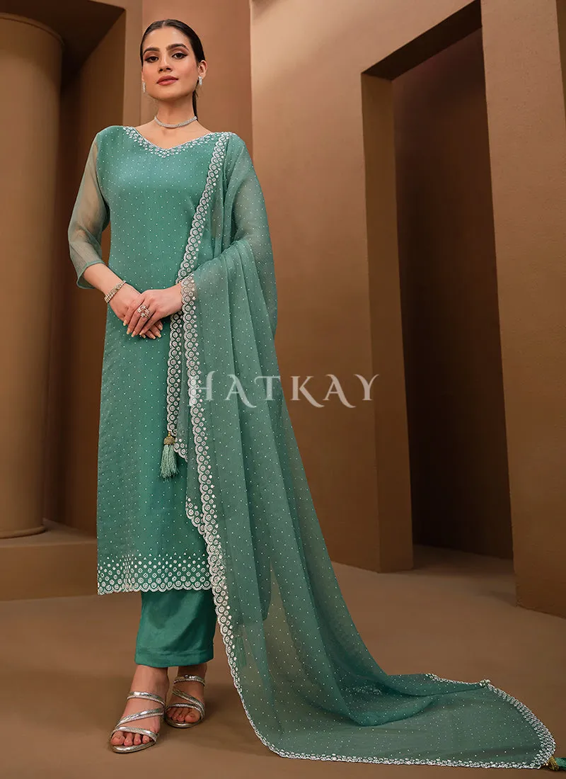 Firozi Blue Crystal Embroidered Pant Style Suit
