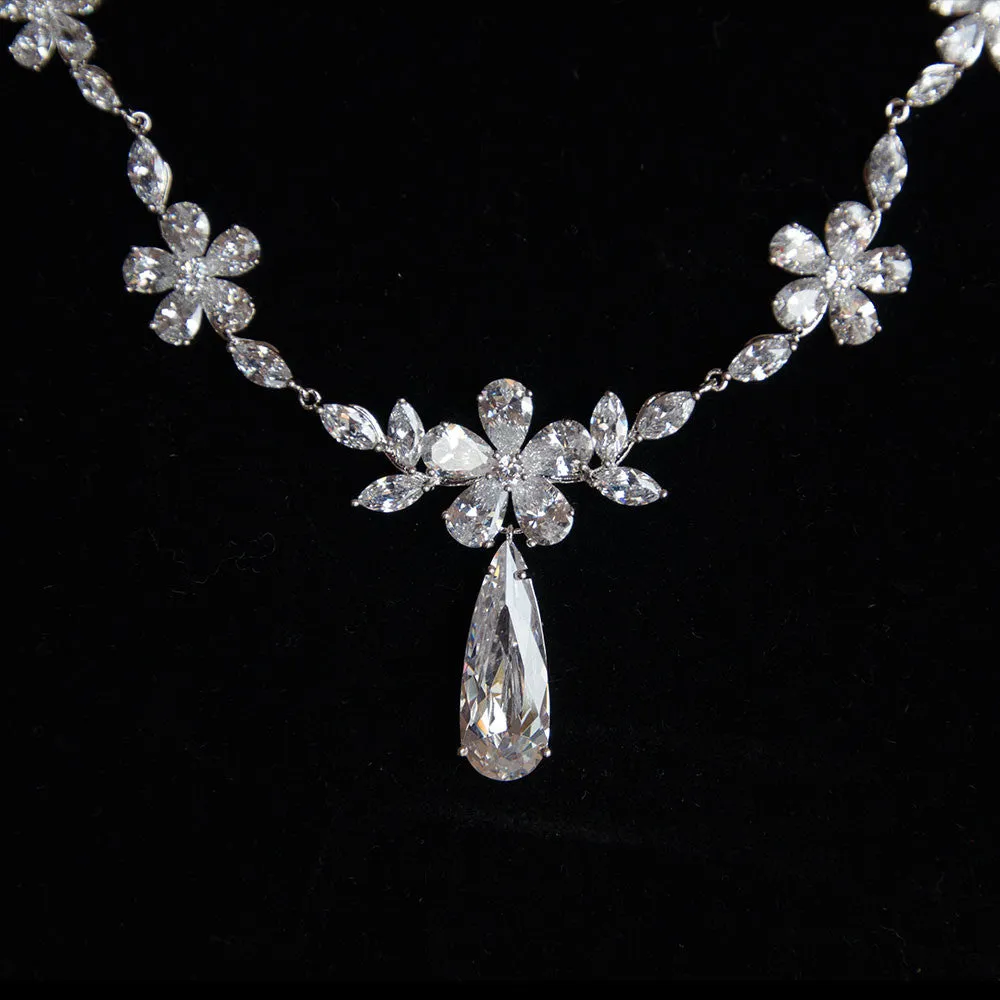 Floral Cubic Zirconia Bridal Jewelry Set with Teardrop Shape Necklace and Earrings