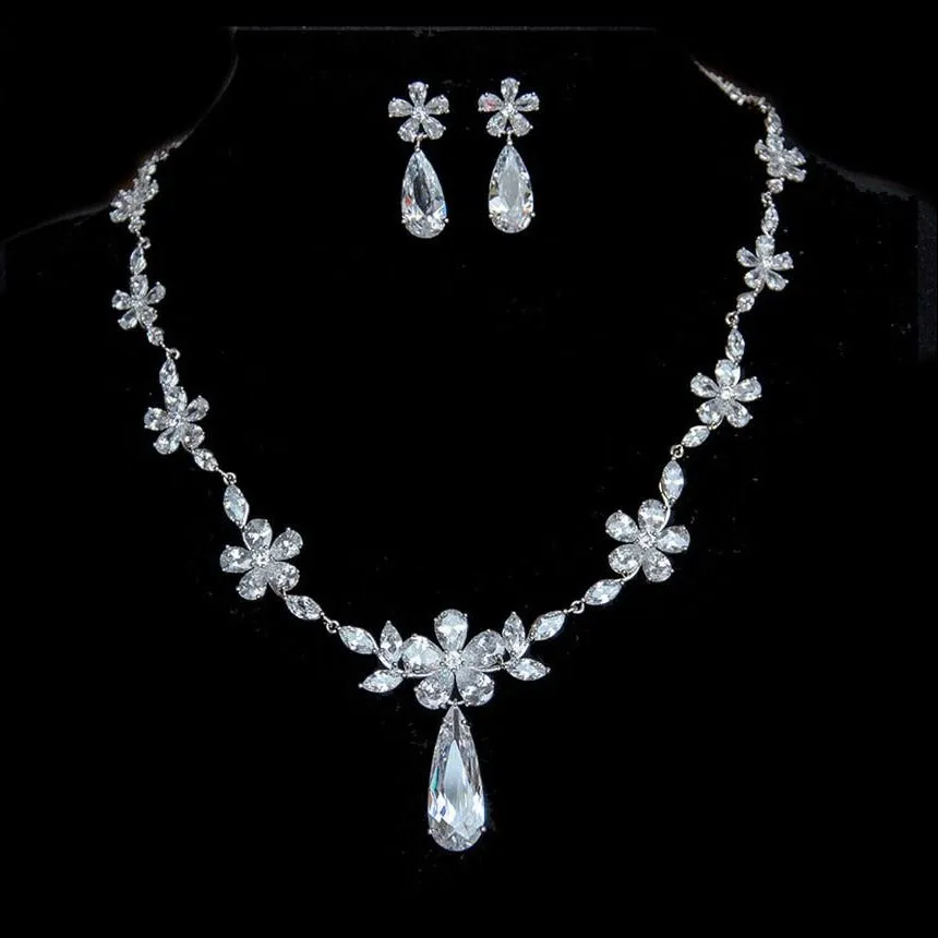 Floral Cubic Zirconia Bridal Jewelry Set with Teardrop Shape Necklace and Earrings