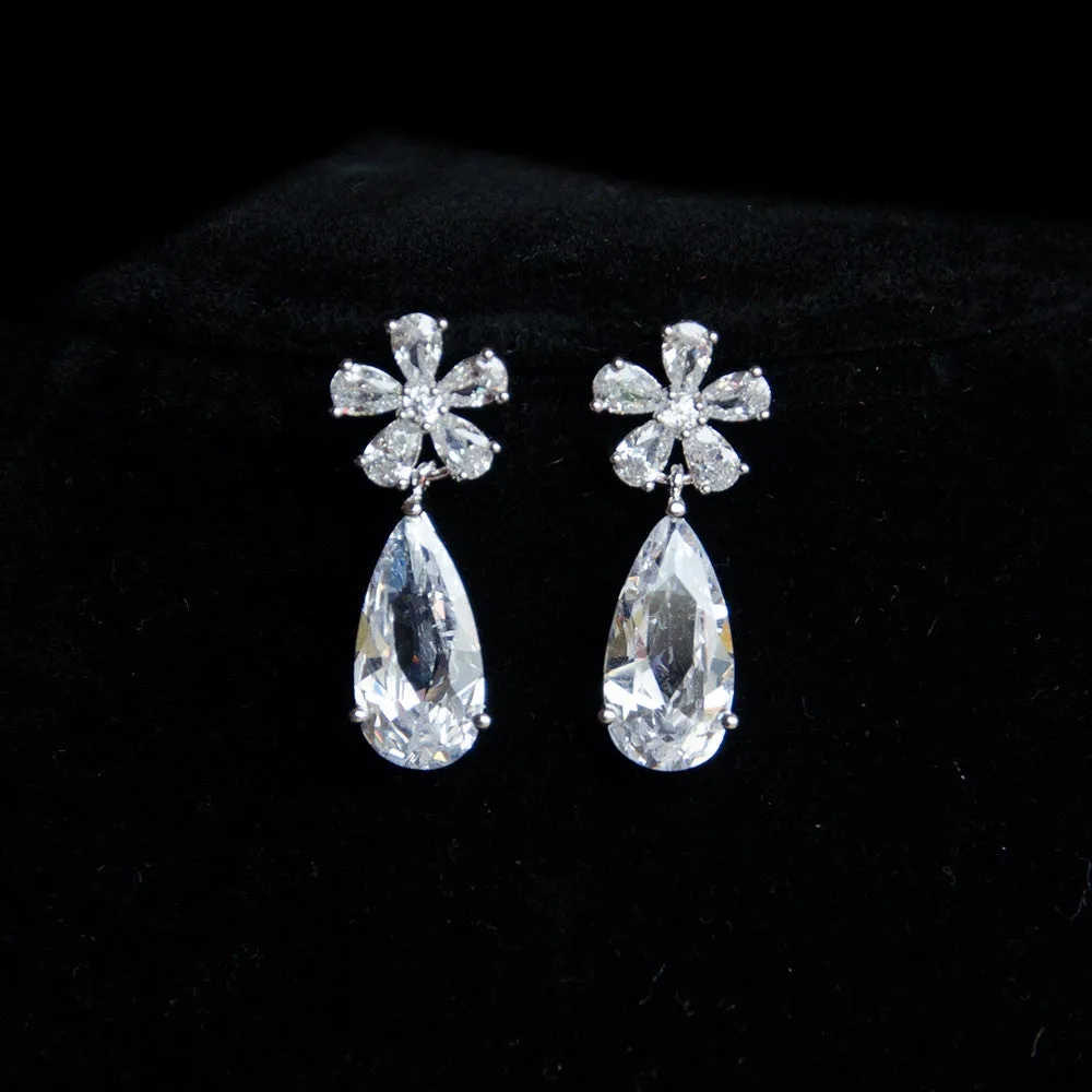 Floral Cubic Zirconia Bridal Jewelry Set with Teardrop Shape Necklace and Earrings