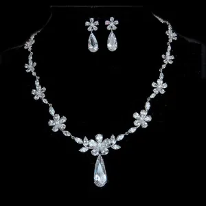 Floral Cubic Zirconia Bridal Jewelry Set with Teardrop Shape Necklace and Earrings