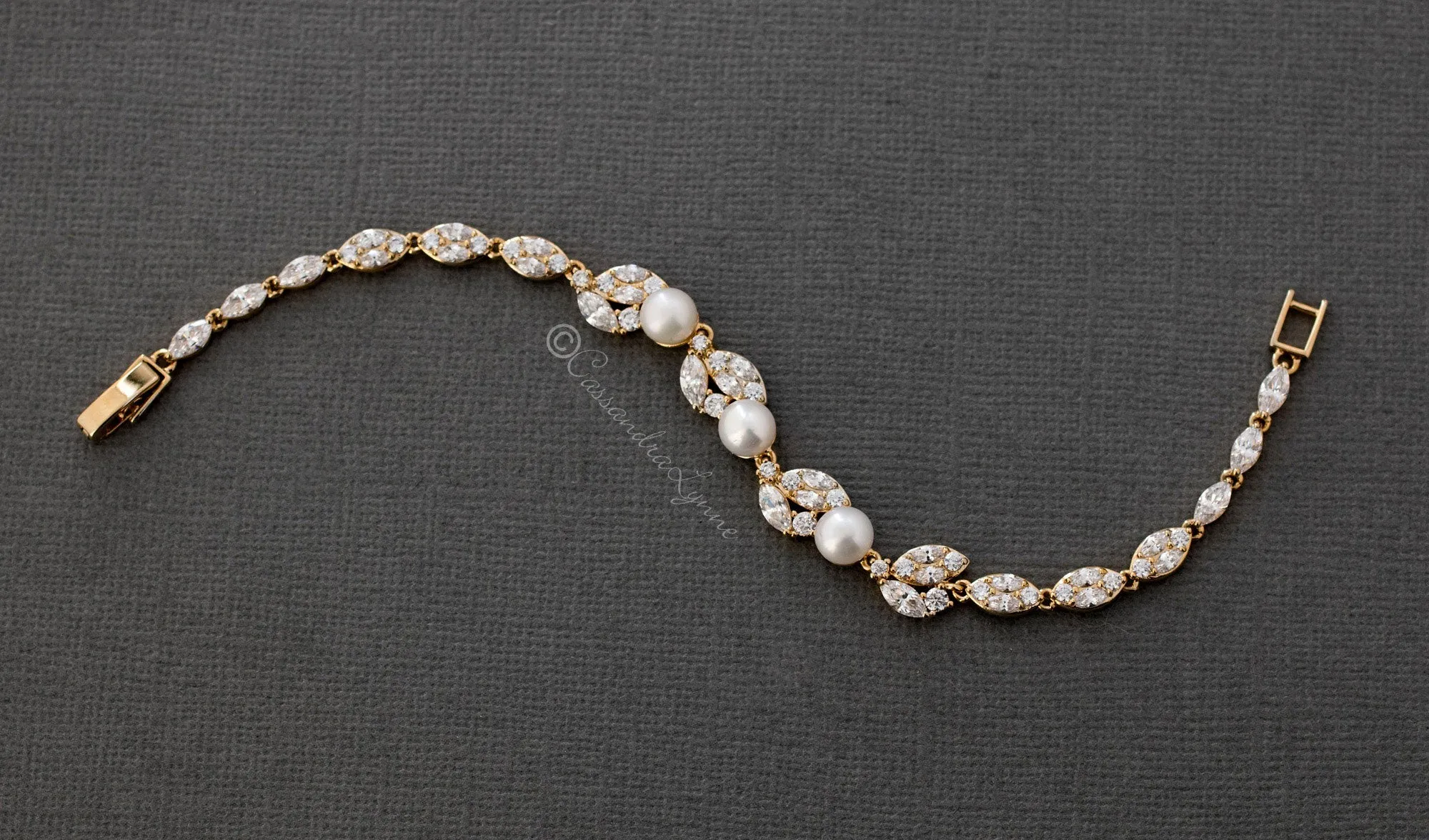 Freshwater Pearl CZ Wedding Bracelet with Leaves