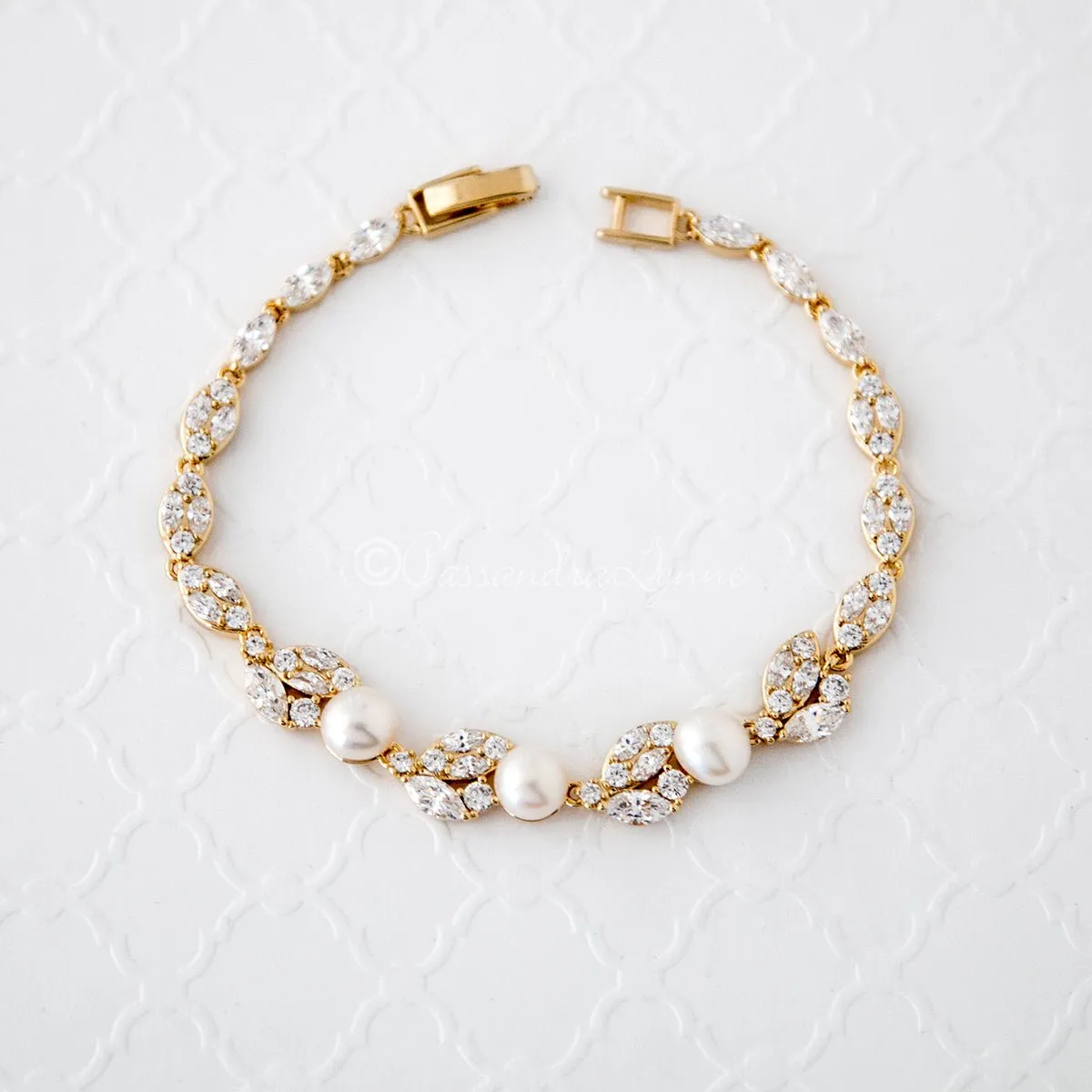 Freshwater Pearl CZ Wedding Bracelet with Leaves