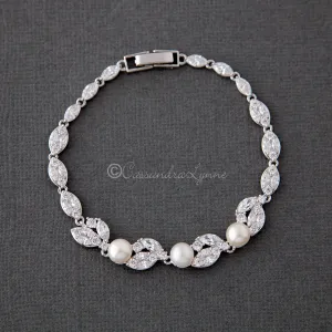 Freshwater Pearl CZ Wedding Bracelet with Leaves
