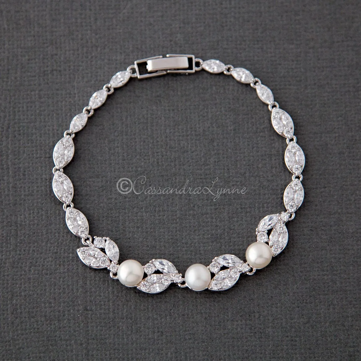 Freshwater Pearl CZ Wedding Bracelet with Leaves