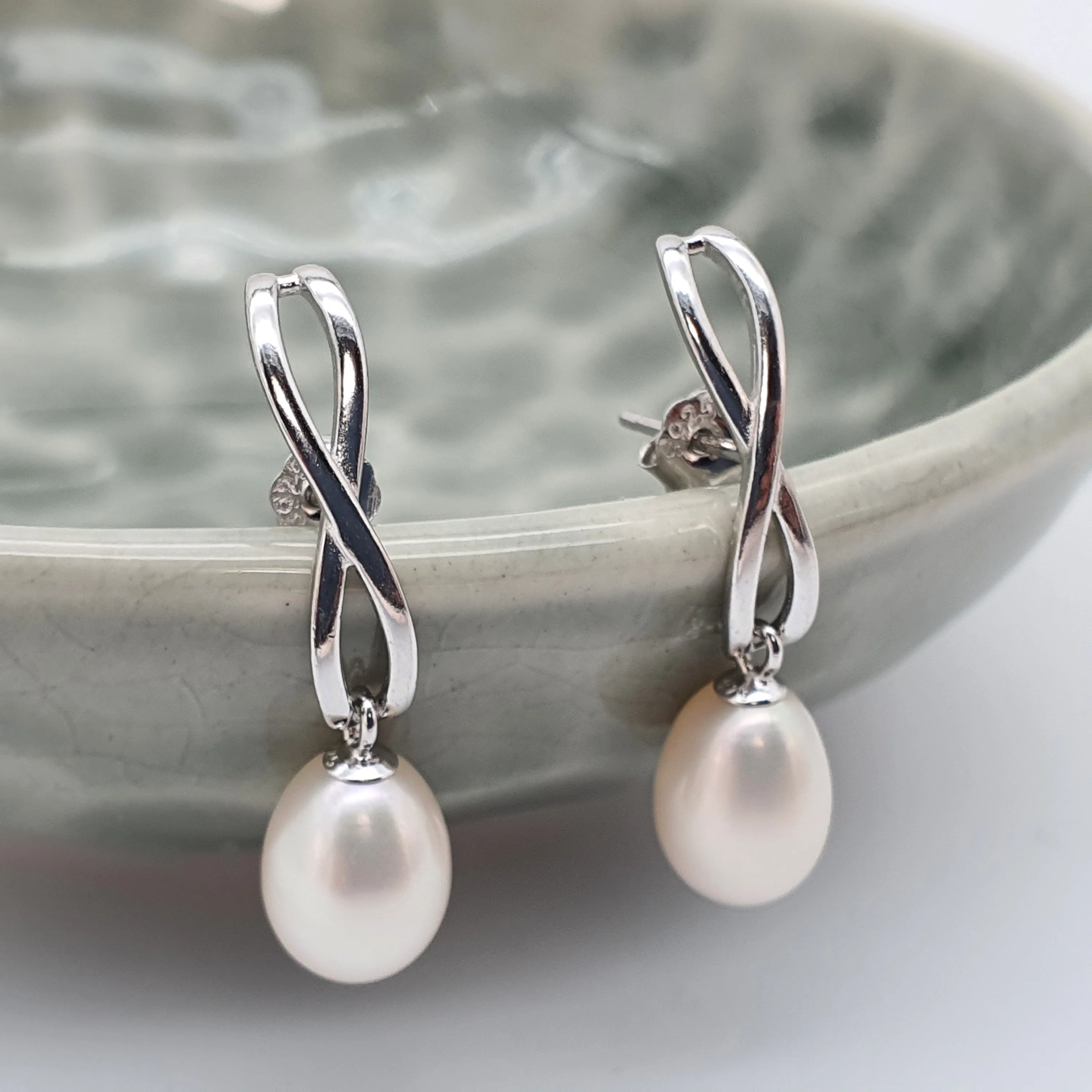 Freshwater Pearl Infinity Stud Earring, Sterling Silver