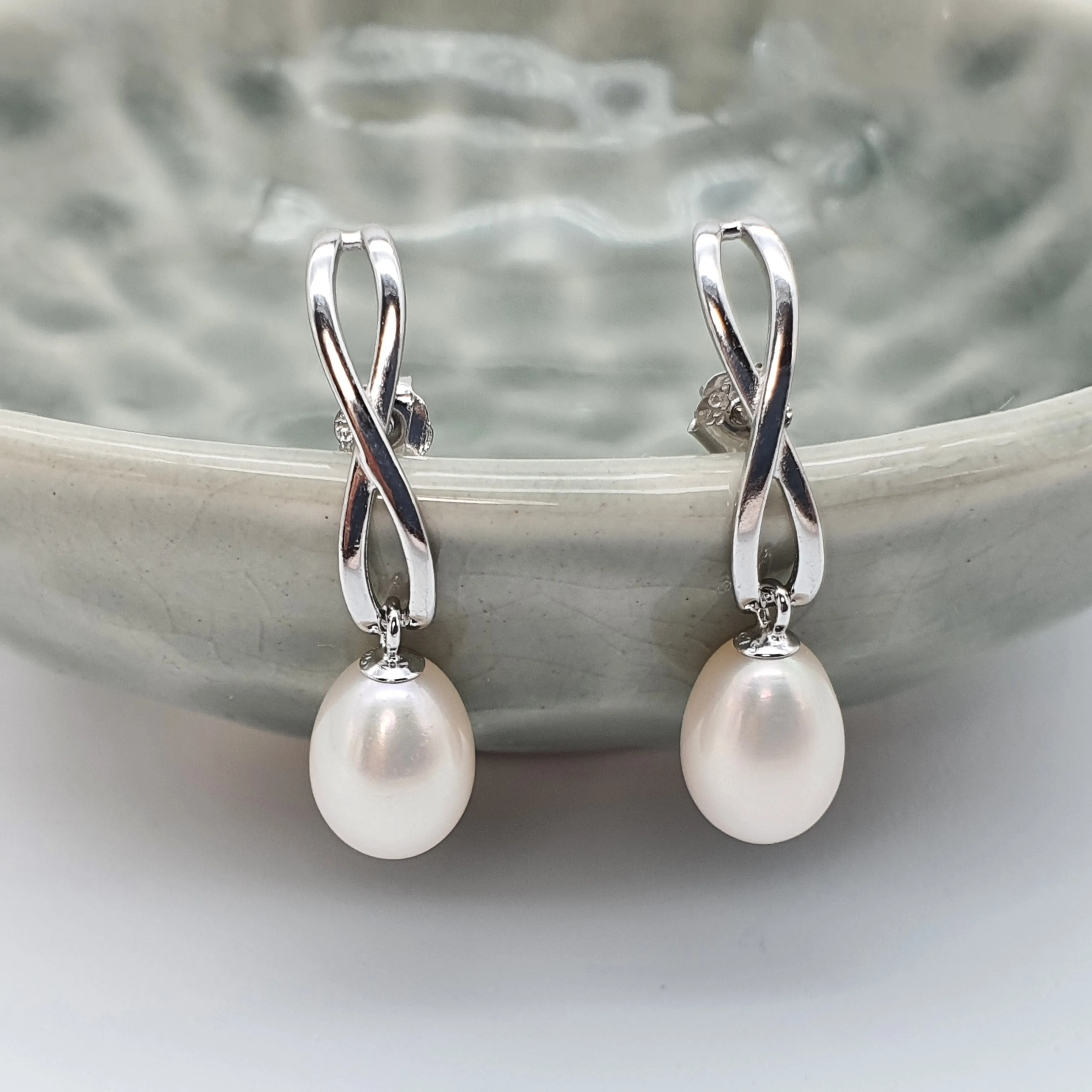 Freshwater Pearl Infinity Stud Earring, Sterling Silver