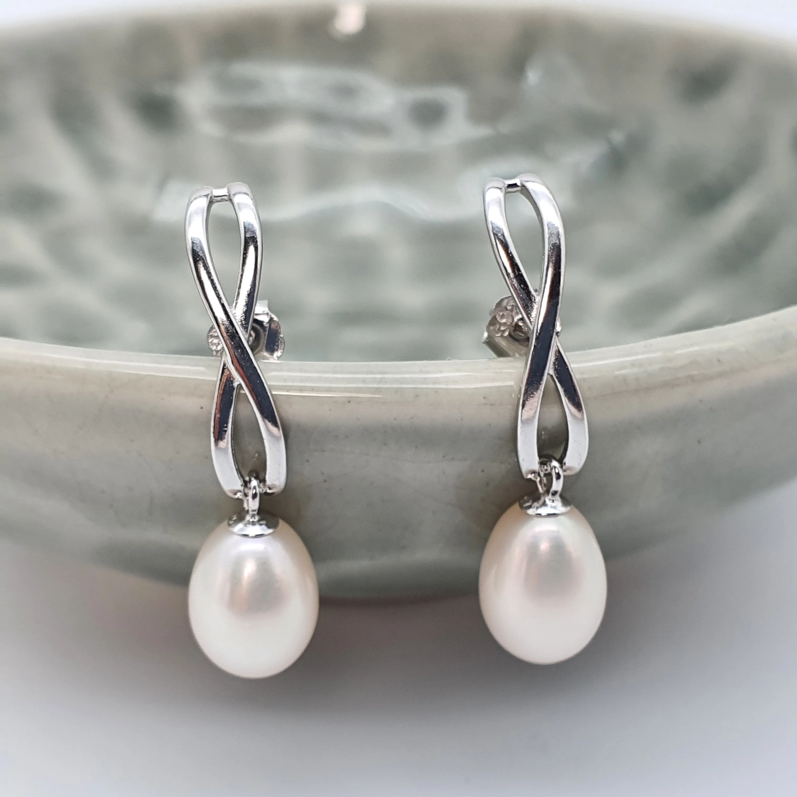 Freshwater Pearl Infinity Stud Earring, Sterling Silver