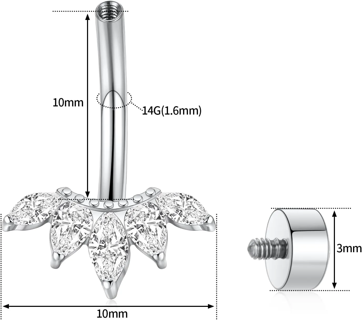 GAGABODY G23 Titanium 14G Belly Button Rings 3/8 inch 10mm Belly Piercing Prong Set Double Sparkle Navel Barbell