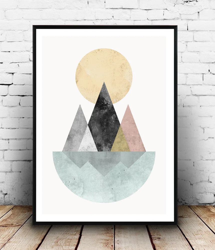 Geometric abstract print, nordic design art, mountains and lake poster