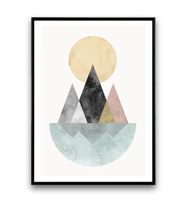 Geometric abstract print, nordic design art, mountains and lake poster