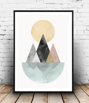 Geometric abstract print, nordic design art, mountains and lake poster