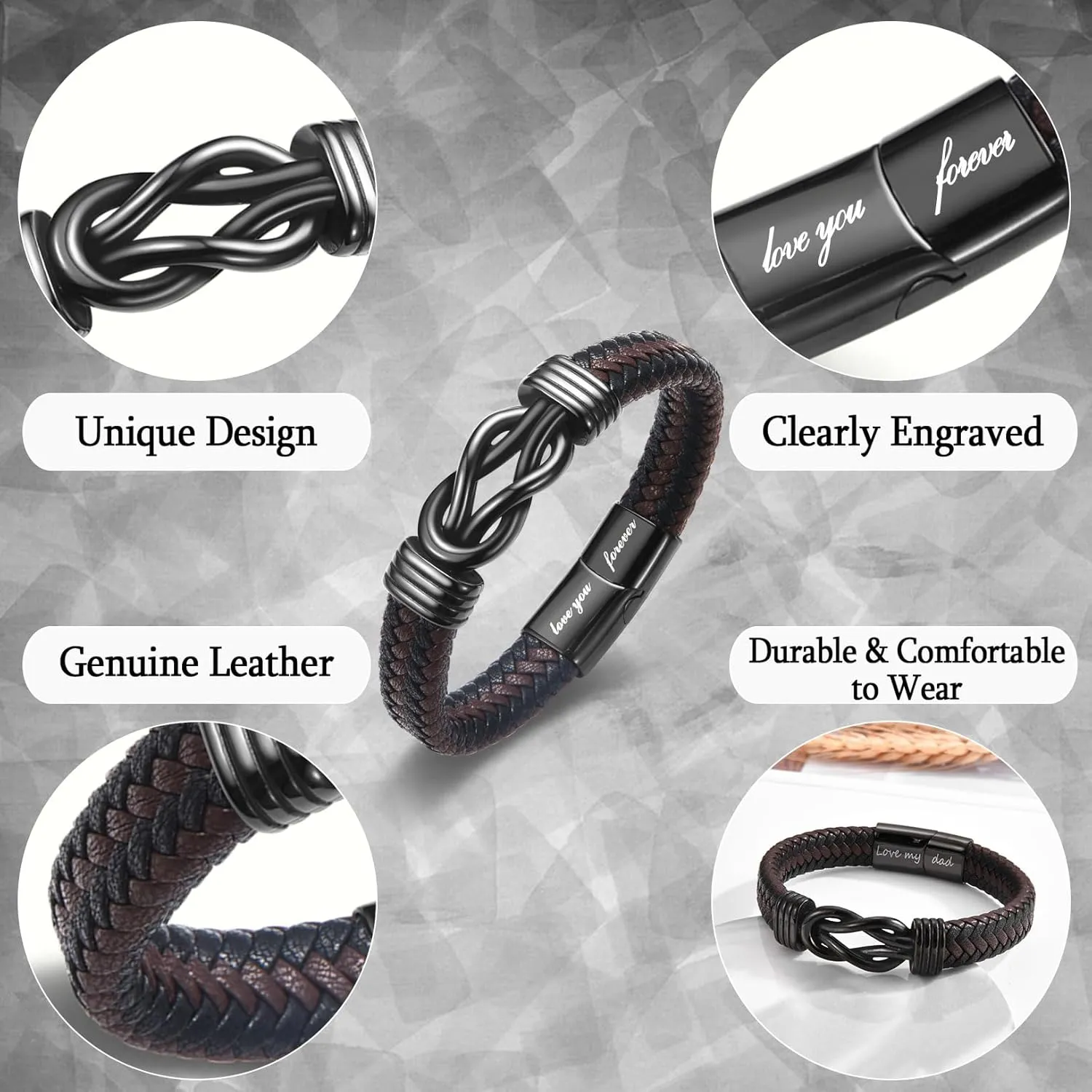 Gifts for Dad Son Grandson Boyfriend Husband, Cool Infinity Leather Bracelet for Him Birthday Christmas Anniversary Valentine's Day Present Ideas for Men