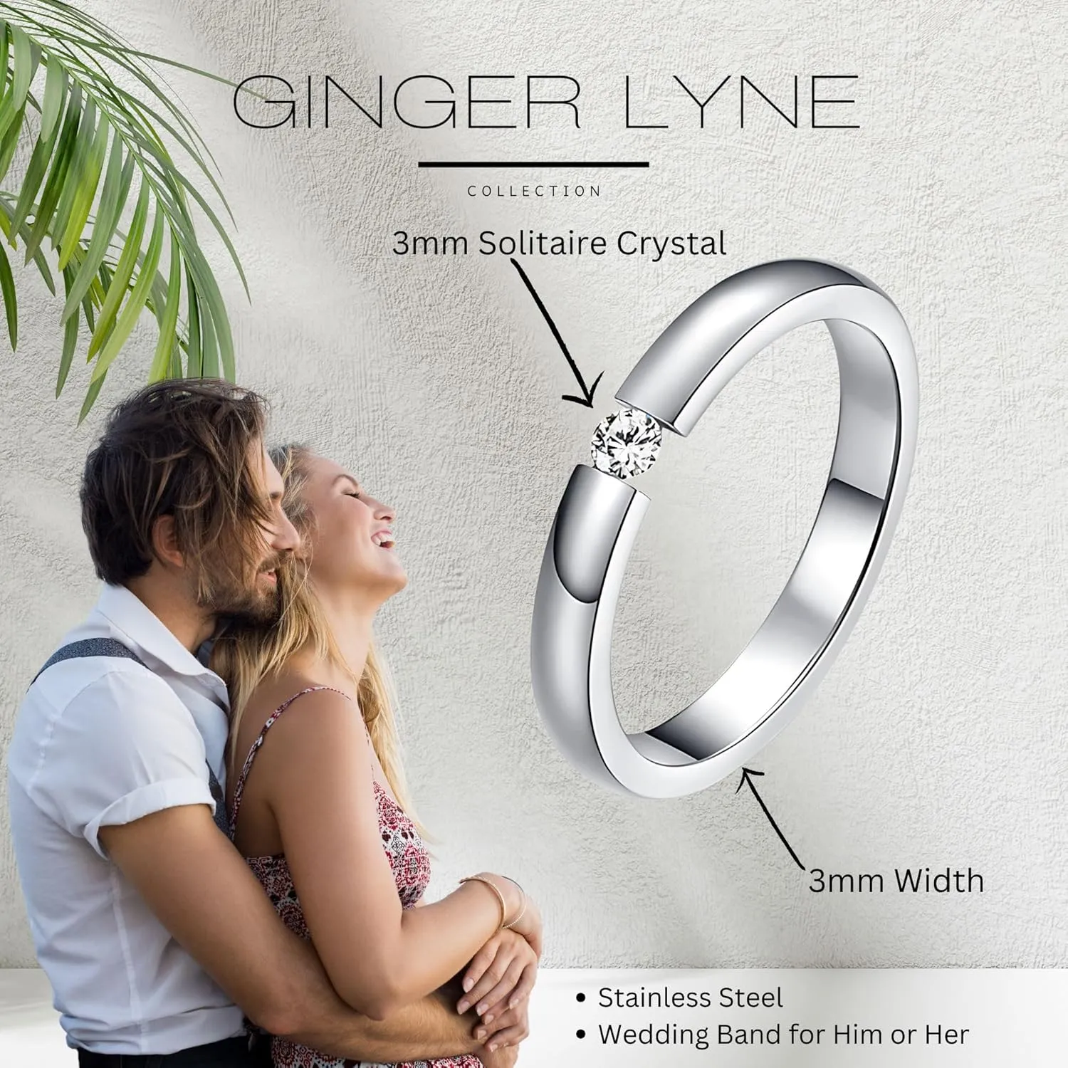 Ginger Lyne Collection Black Plated Stainless Steel 3.5mm Single Crystal Wedding Band Ring