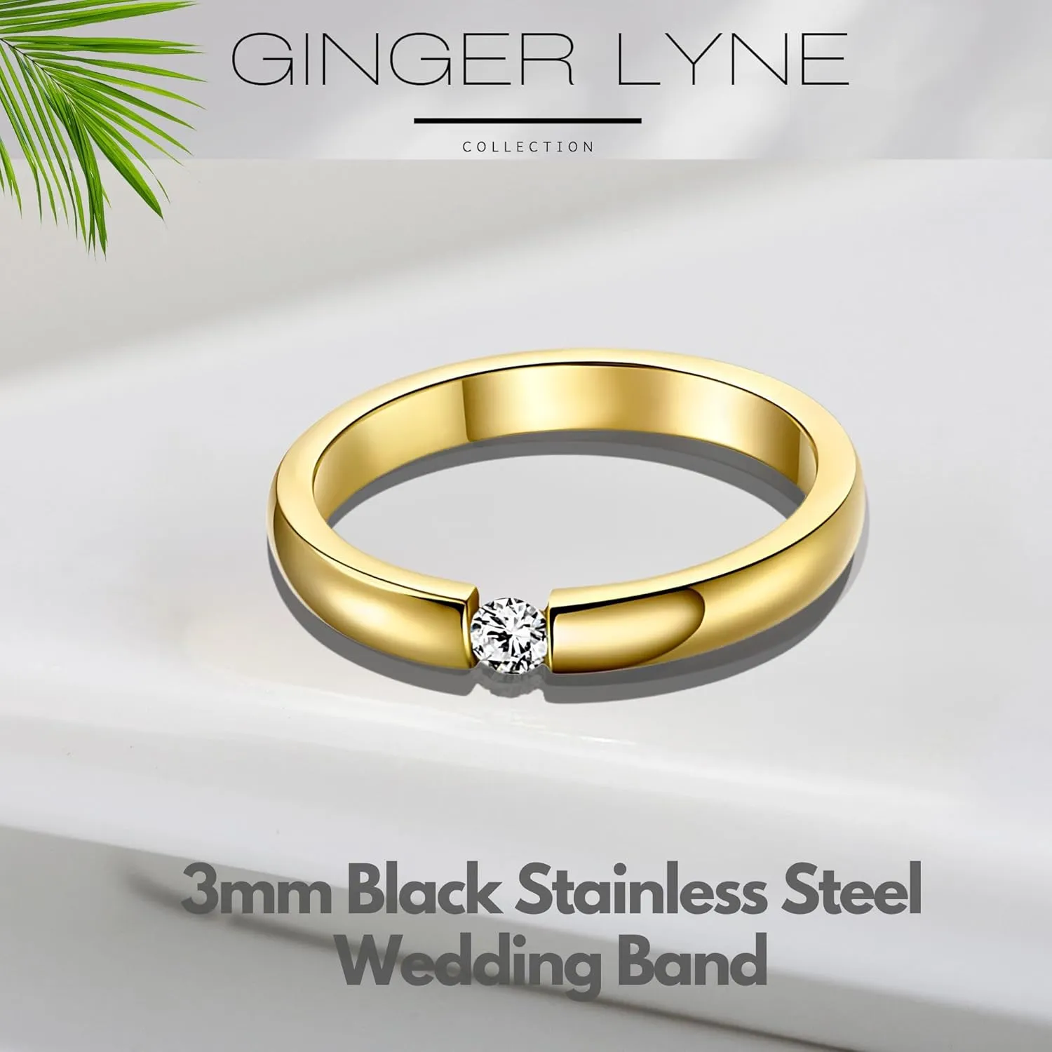 Ginger Lyne Collection Black Plated Stainless Steel 3.5mm Single Crystal Wedding Band Ring