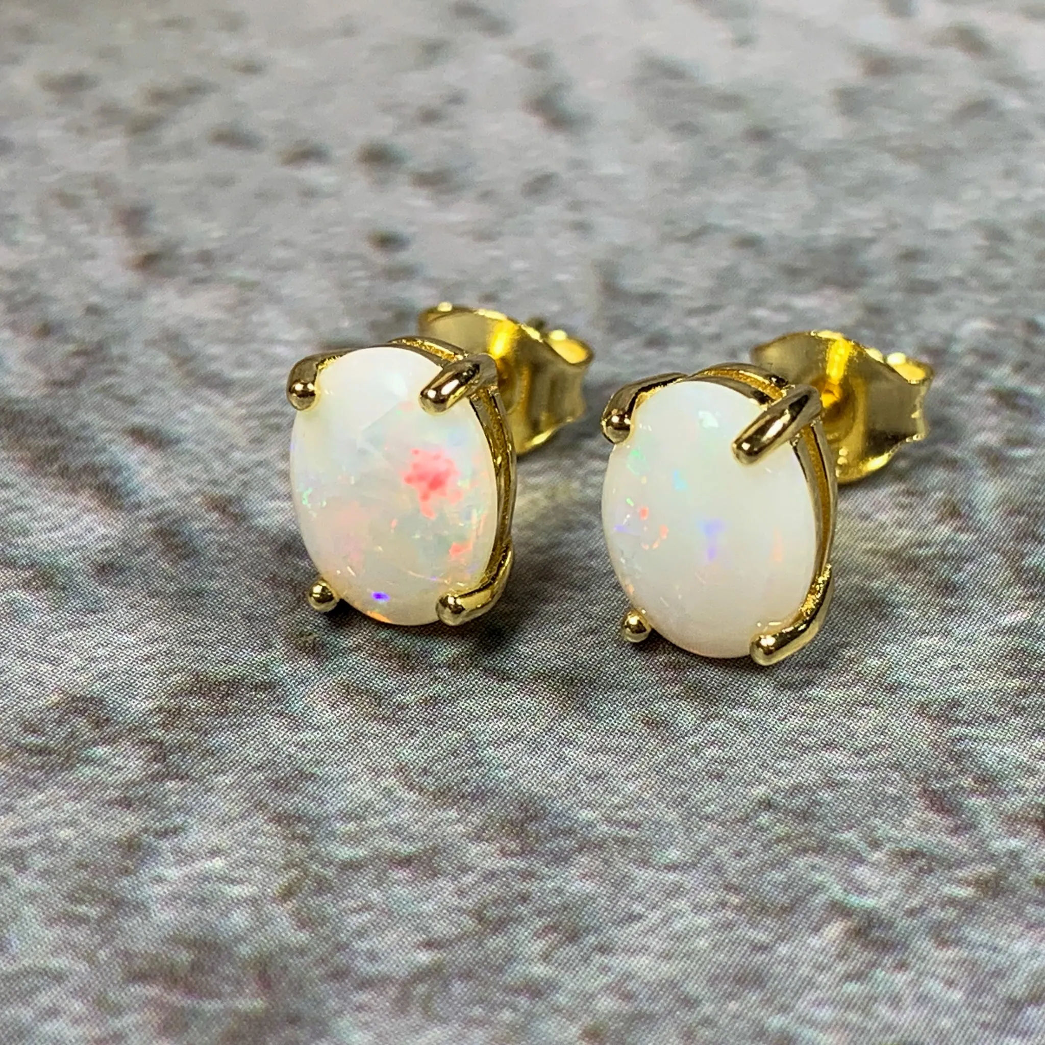 Gold Plated Silver 8x6mm White Opal Earring studs