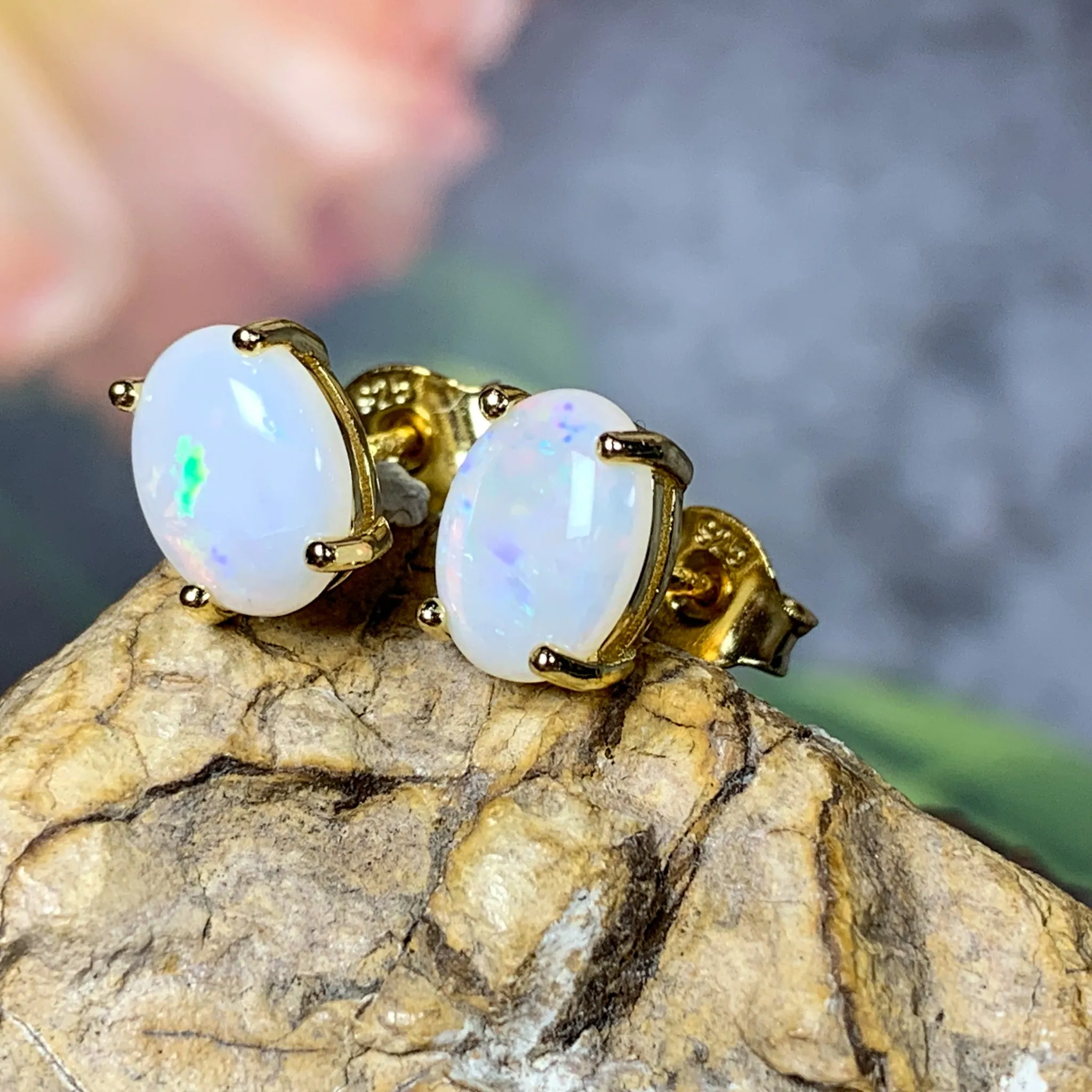 Gold Plated Silver 8x6mm White Opal Earring studs