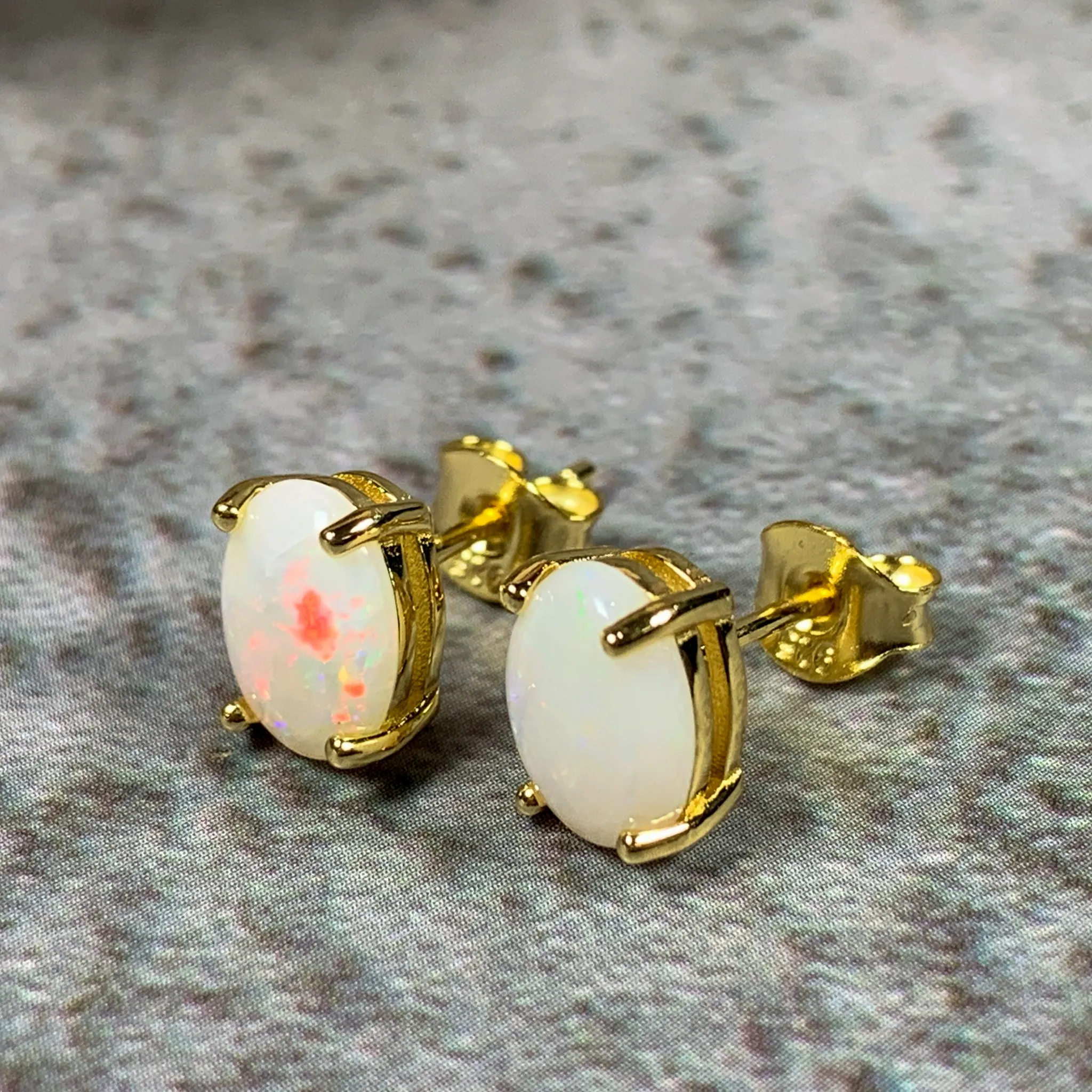 Gold Plated Silver 8x6mm White Opal Earring studs