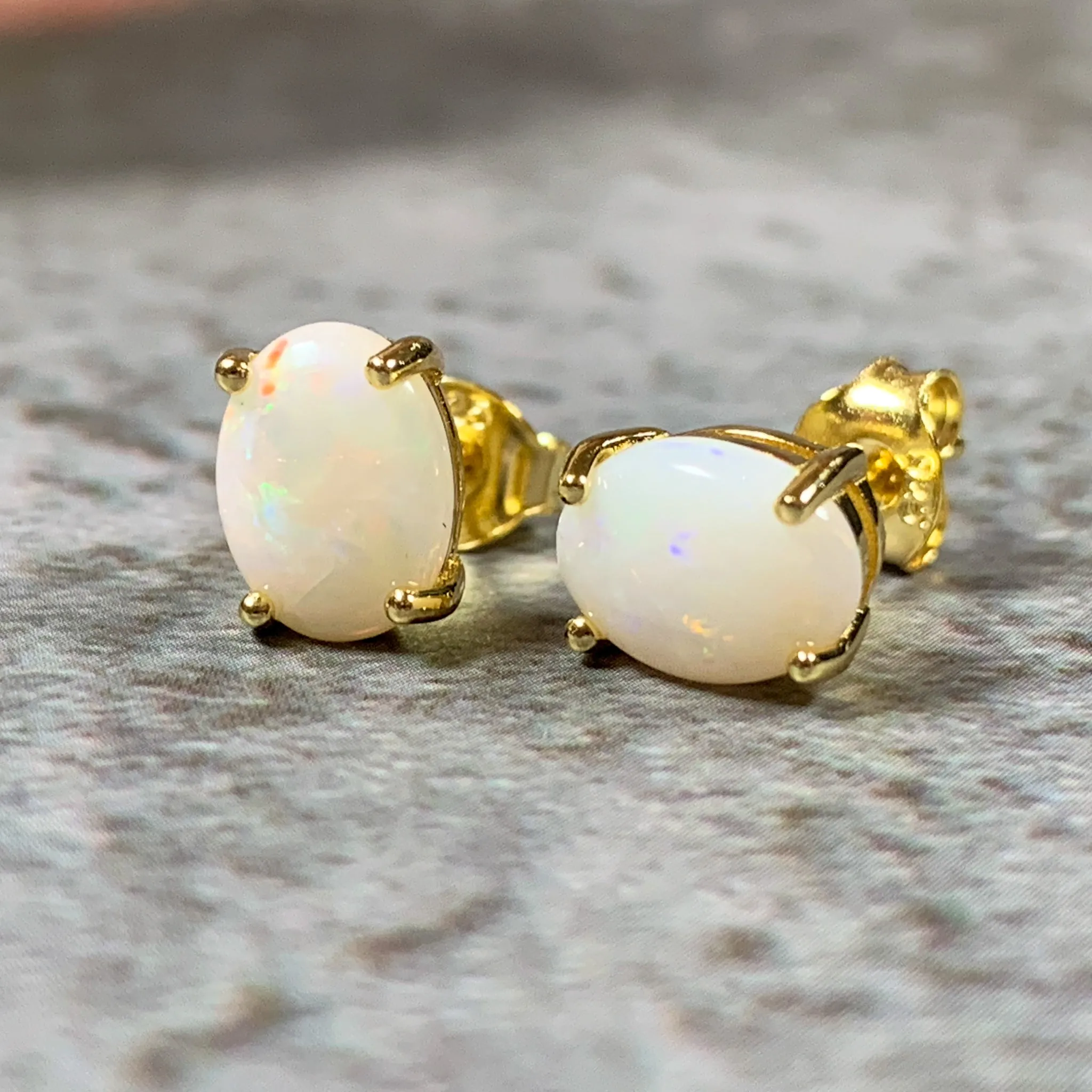 Gold Plated Silver 8x6mm White Opal Earring studs