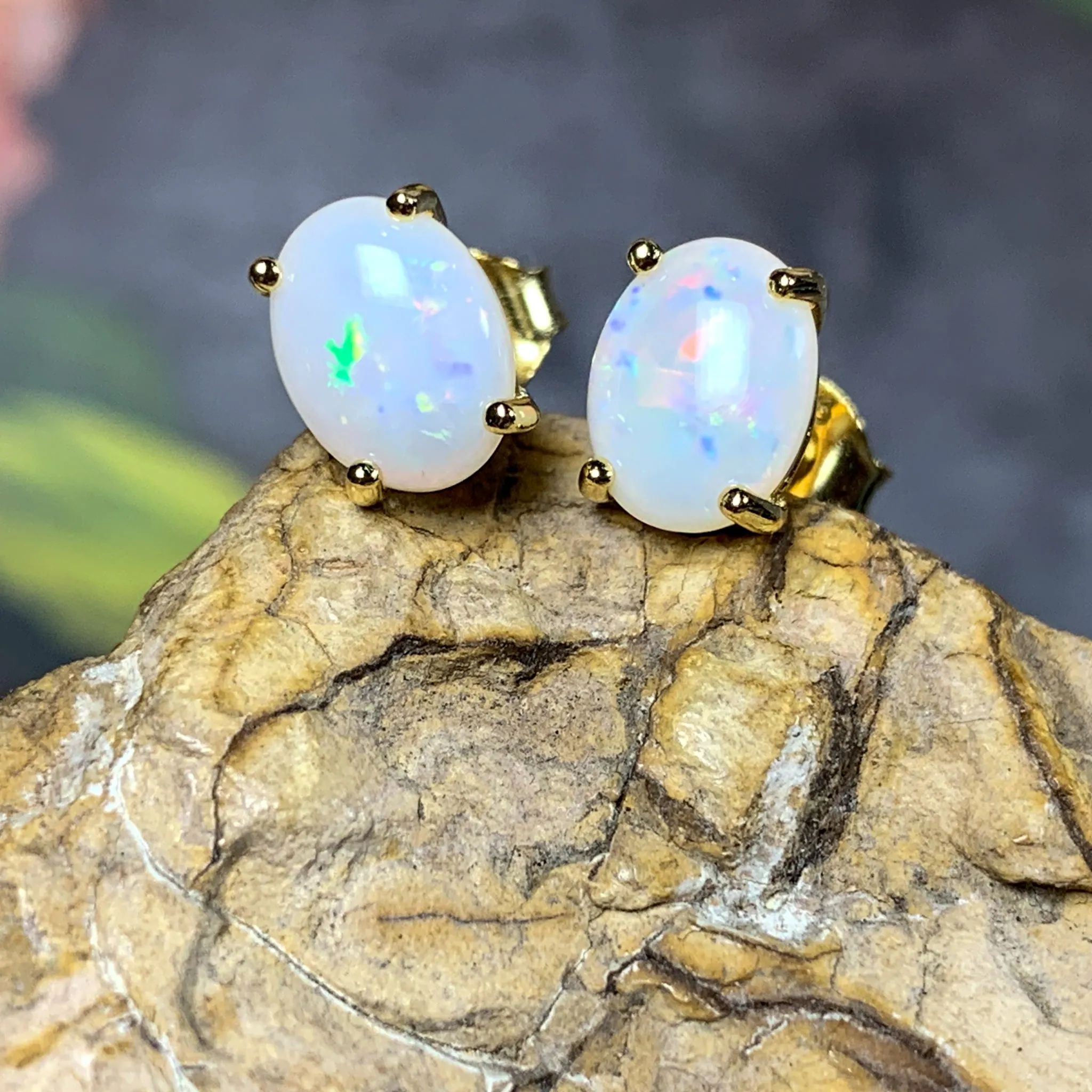 Gold Plated Silver 8x6mm White Opal Earring studs